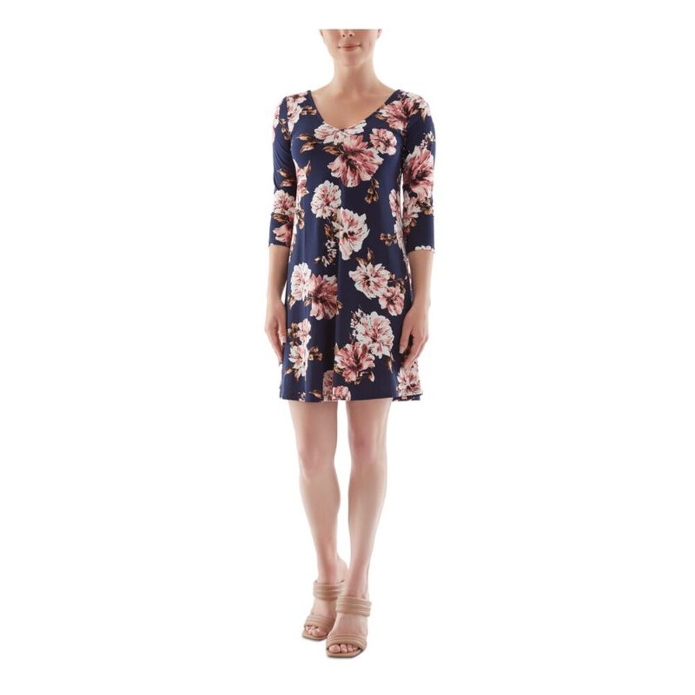 NWT BCX DRESS Womens Navy 3/4 Sleeve V Neck Short Evening Shift Dress XS